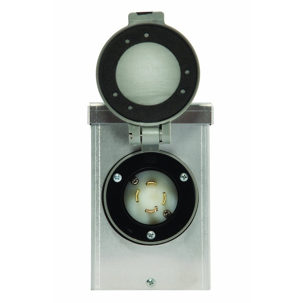 30 Amp Power Inlet Box, 125/250V, Aluminum, Nema L14-30 With Spring-Loaded Flip Lid On Front